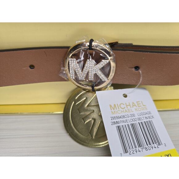 Michael Kors Luggage Brown 28mm Pave Logo Belt L/XL